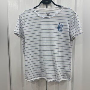ELLE White & Blue Striped T-Shirt | Women’s Medium | Butterfly Embroidery